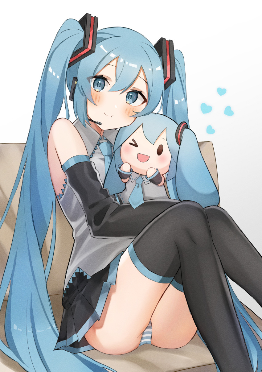 1girl, :t, ;d, absurdres, bare_shoulders, black_thighhighs, blue_eyes, blue_hair, blue_necktie, blush, character_doll, closed_mouth, detached_sleeves, doll, hair_ornament, hatsune_miku, heart, highres, hugging_doll, hugging_object, looking_at_viewer, meruko-san, microphone, multiple_girls, necktie, one_eye_closed, open_mouth, panties, sitting, sleeveless, smile, solo, striped_clothes, striped_panties, thighhighs, twintails, underwear, vocaloid