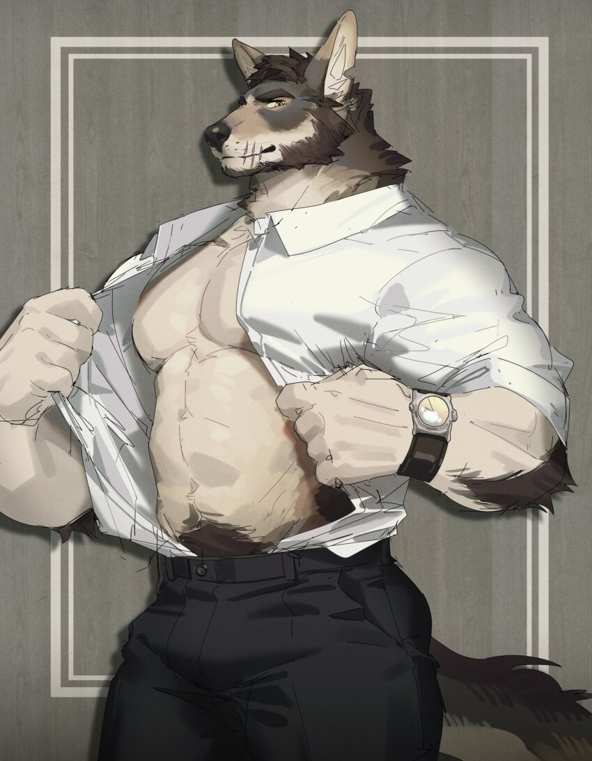 1boy, abs, animal_ears, bara, bare_pectorals, black_pants, coyote_boy, echo_project