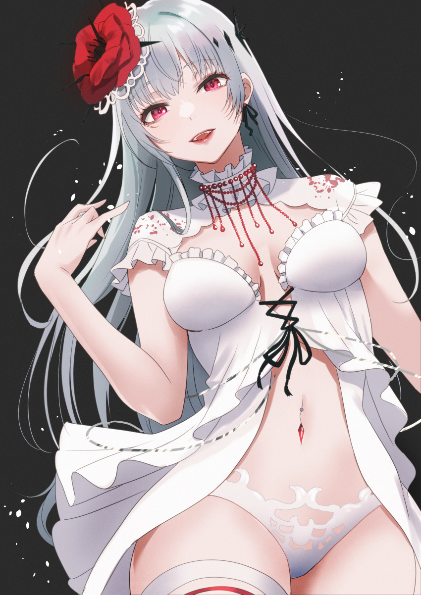 1girl, absurdres, babydoll, breasts, cleavage, coquelic_(path_to_nowhere), dark_background, emu_(emum), flower, hair_flower, hair_ornament, highres, jewelry, long_hair, looking_at_viewer, medium_breasts, navel_piercing, necklace, open_mouth, panties, path_to_nowhere, piercing, red_eyes, shirt, simple_background, solo, stomach, teeth, underwear, upper_teeth_only, white_panties, white_shirt