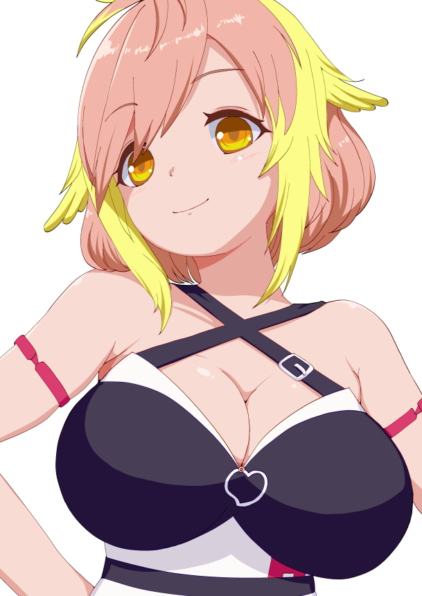 1girl, blonde_hair, blush, breasts, cleavage, closed_mouth, commentary_request, criss-cross_halter