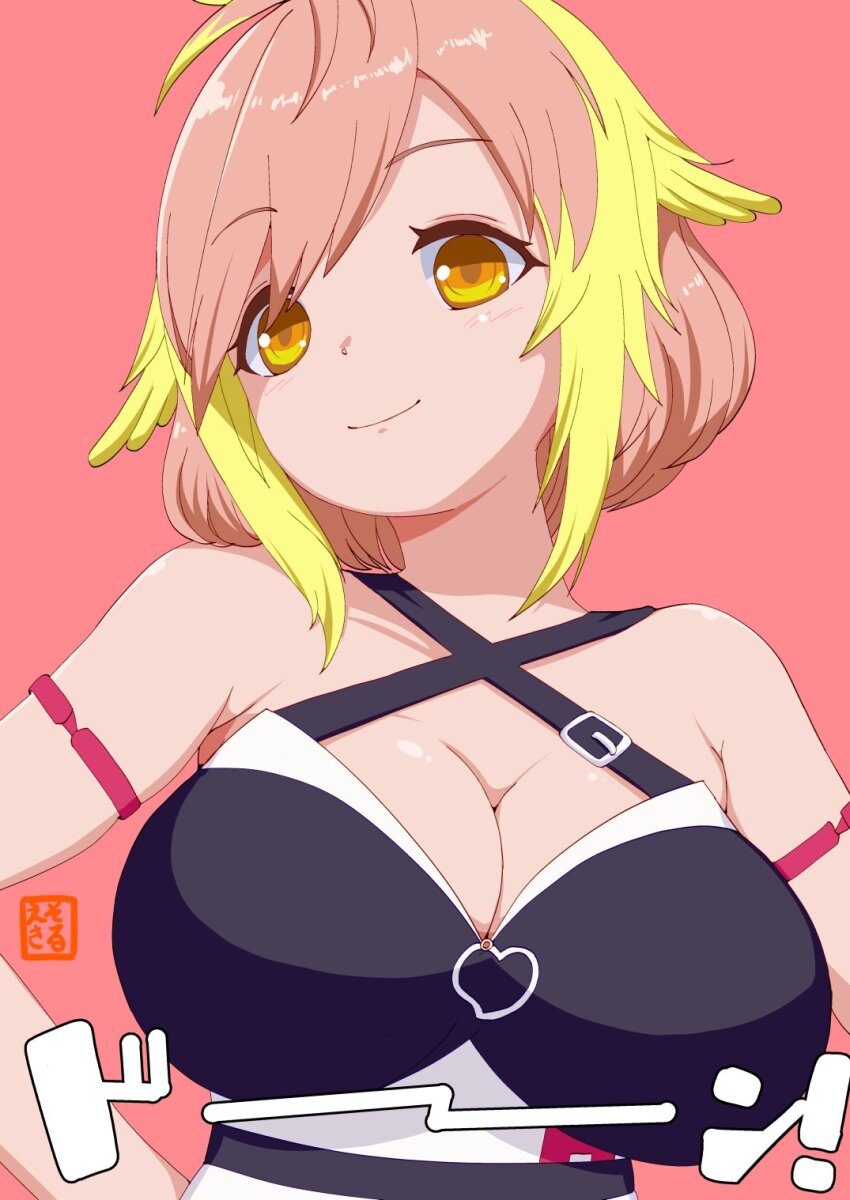 1girl, blonde_hair, blush, breasts, cleavage, closed_mouth, commentary_request, criss-cross_halter