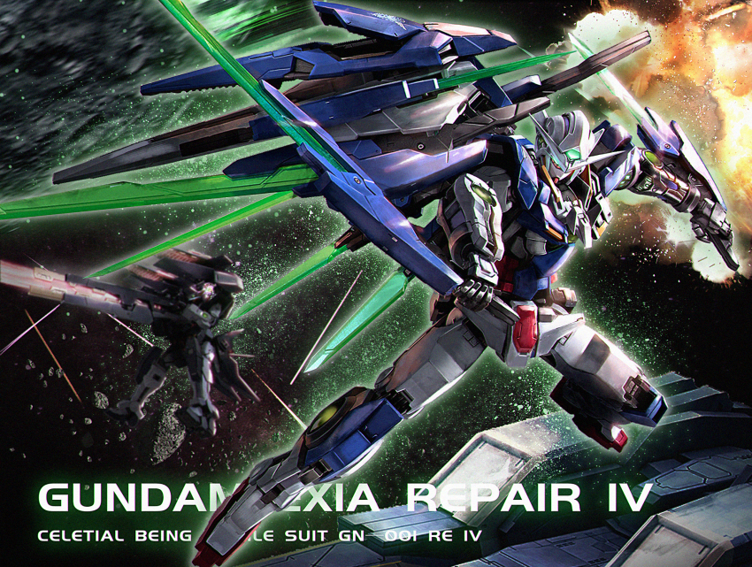 armor, blue_armor, character_name, commentary, debris, dual_wielding, full_body, gundam, gundam_00, gundam_dynames_repair_iii, gundam_exia, gundam_exia_repair_iv, highres, holding, holding_sword, holding_weapon, kaibiubiubiu_(rkvc7325), light_particles, mecha, mechanical_arms, mobile_suit, no_humans, ptolemaios, robot, science_fiction, shield, shield_on_back, space, spacecraft, sword, weapon, white_armor