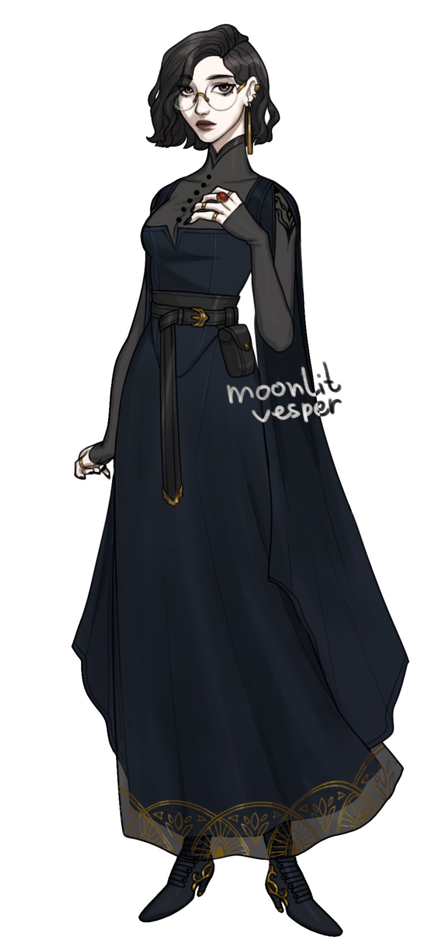 1girl, arm_up, belt, black_boots, black_dress, black_hair, boots, collared_dress