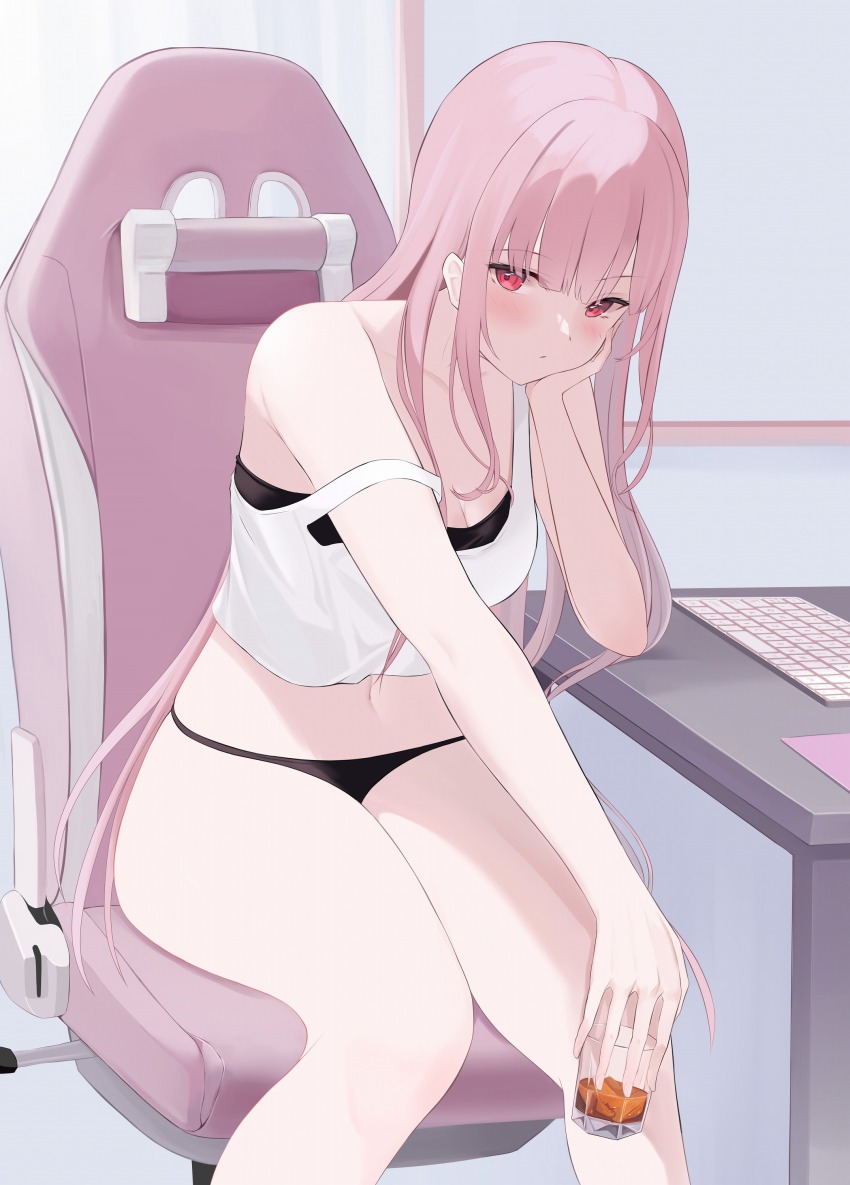1girl, absurdres, alcohol, at_computer, black_bra, black_panties, blunt_bangs, blush