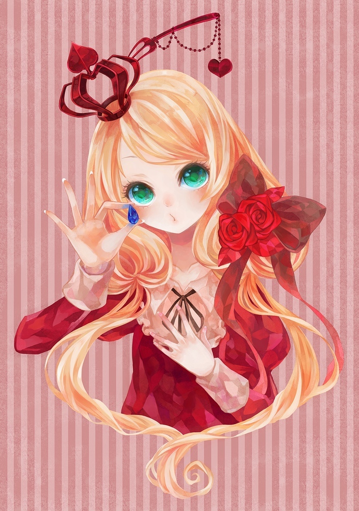 1girl, bad_id, bad_pixiv_id, blonde_hair, bow, crown, female_focus, flower, gem, green_eyes, heart, long_hair, merci_antique, original, red_crown, rokushiro_koushi, solo, tearra