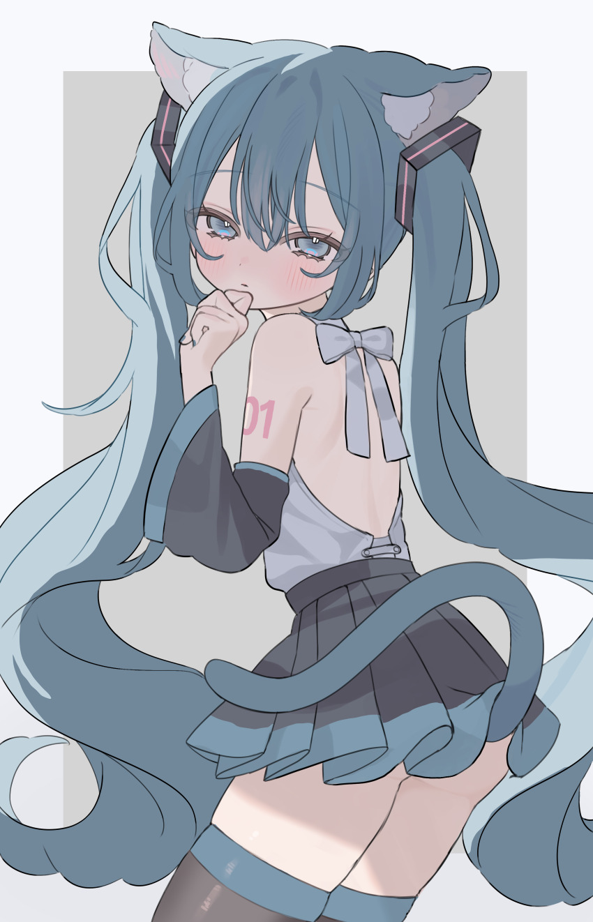 1girl, absurdres, alternate_costume, animal_ear_fluff, animal_ears, aqua_eyes, aqua_hair, backless_outfit, bare_back, bare_shoulders, black_skirt, black_sleeves, black_thighhighs, cat_ears, cat_girl, cat_tail, clenched_hand, detached_sleeves, grey_shirt, hair_between_eyes, hakudaku, half-closed_eyes, hand_in_mouth, hand_up, hatsune_miku, highres, long_hair, looking_at_viewer, number_tattoo, pleated_skirt, ribbon, shirt, shoulder_tattoo, skirt, tail, tattoo, thighhighs, twintails, two-tone_background, very_long_hair, vocaloid