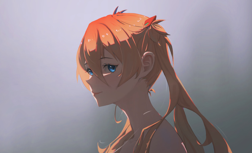 1girl, blue_eyes, highres, lips, long_hair, looking_at_viewer, neon_genesis_evangelion, orange_hair, shinomiya_shizuru, simple_background, smile, solo, souryuu_asuka_langley, twintails, upper_body