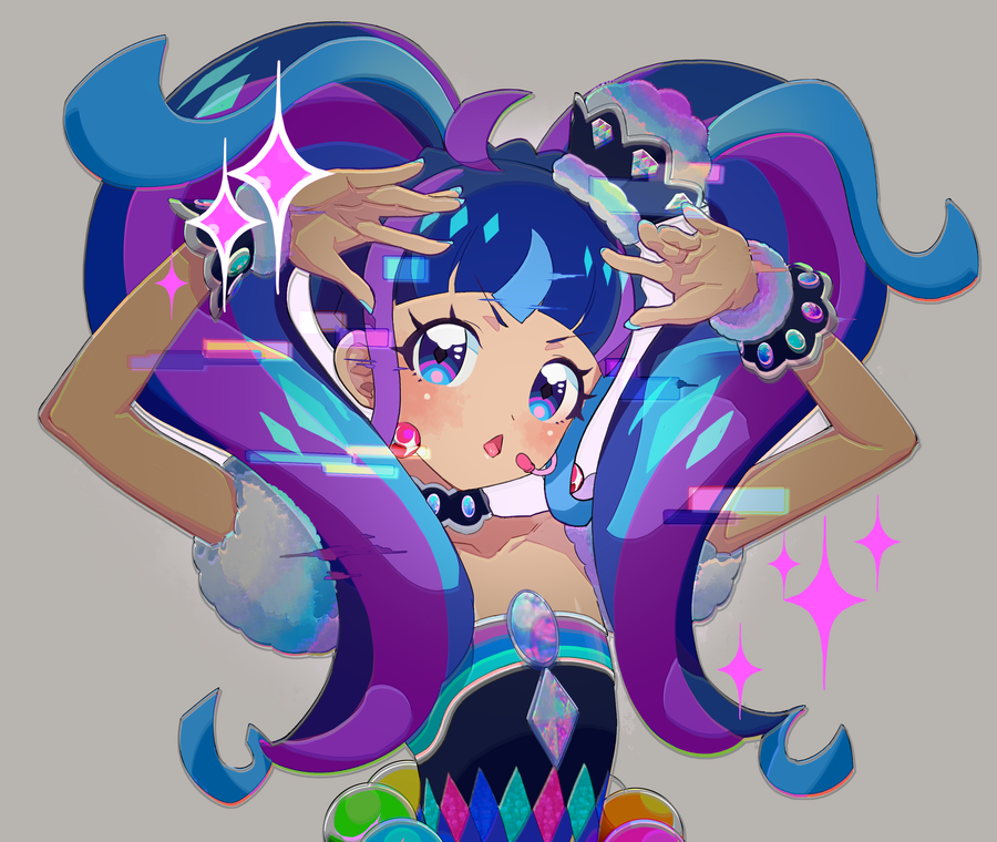 1girl, ahoge, blue_eyes, blue_gem, blue_hair, blunt_bangs, blush, chestnut_mouth, crown, dark-skinned_female, dark_skin, dress, gem, glitch, grey_background, hands_up, headset, idol_clothes, kiratto_pri_chan, kuro_daia_(pri_chan), long_hair, looking_at_viewer, moudoku_(decopon3rd), multicolored_hair, nail_polish, open_mouth, pretty_series, purple_hair, solo, sparkle, strapless, strapless_dress, streaked_hair, twintails, upper_body, v-shaped_eyebrows, very_long_hair, wrist_cuffs