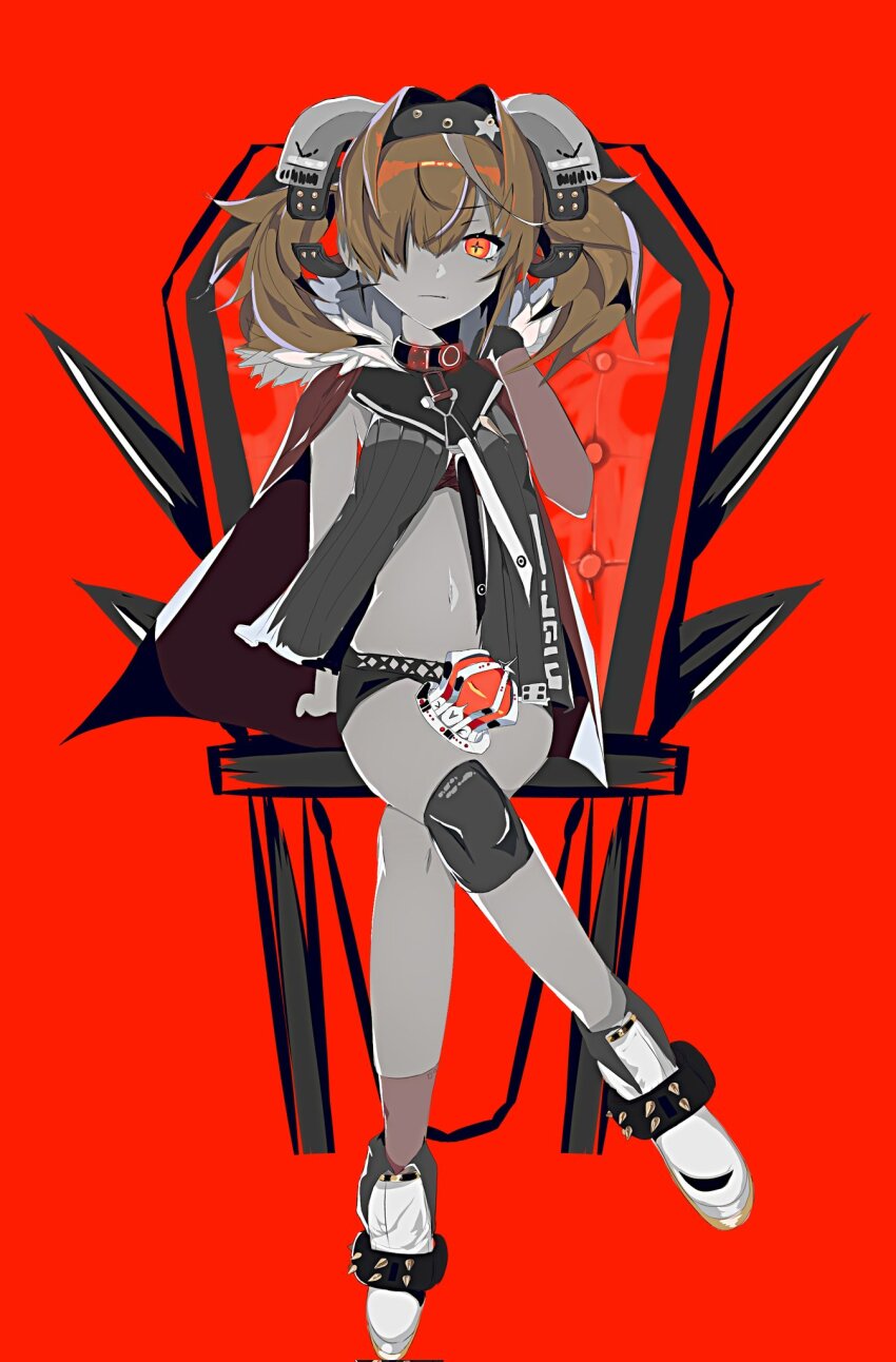 1girl, bare_legs, black_dress, black_hairband, black_shorts, brown_hair, coat, cross-shaped_pupils