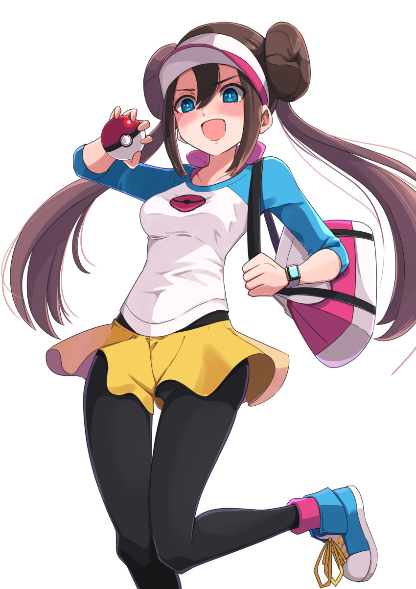 1girl, :d, absurdres, bag, black_pantyhose, blue_eyes, blue_shoes, blush, bright_pupils, brown_hair, commentary_request, coralreef966, donut_hair_bun, double_bun, hair_bun, hand_up, handbag, hat, highres, holding, holding_poke_ball, holding_strap, leg_up, nintendo, open_mouth, pantyhose, pantyhose_under_shorts, pink_socks, poke_ball, poke_ball_(basic), pokemon, pokemon_black_2_and_white_2, raglan_sleeves, rosa_(pokemon), shirt, shoes, short_shorts, shorts, smile, socks, solo, twintails, visor_cap, white_hat, yellow_shorts