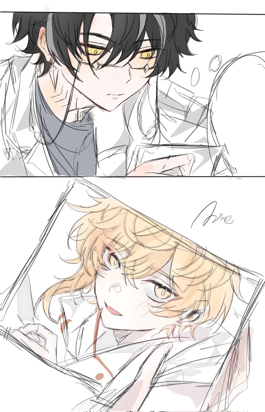 2boys, azhe_kanata, black_hair, blonde_hair, glasses, grey_hair, highres, holding