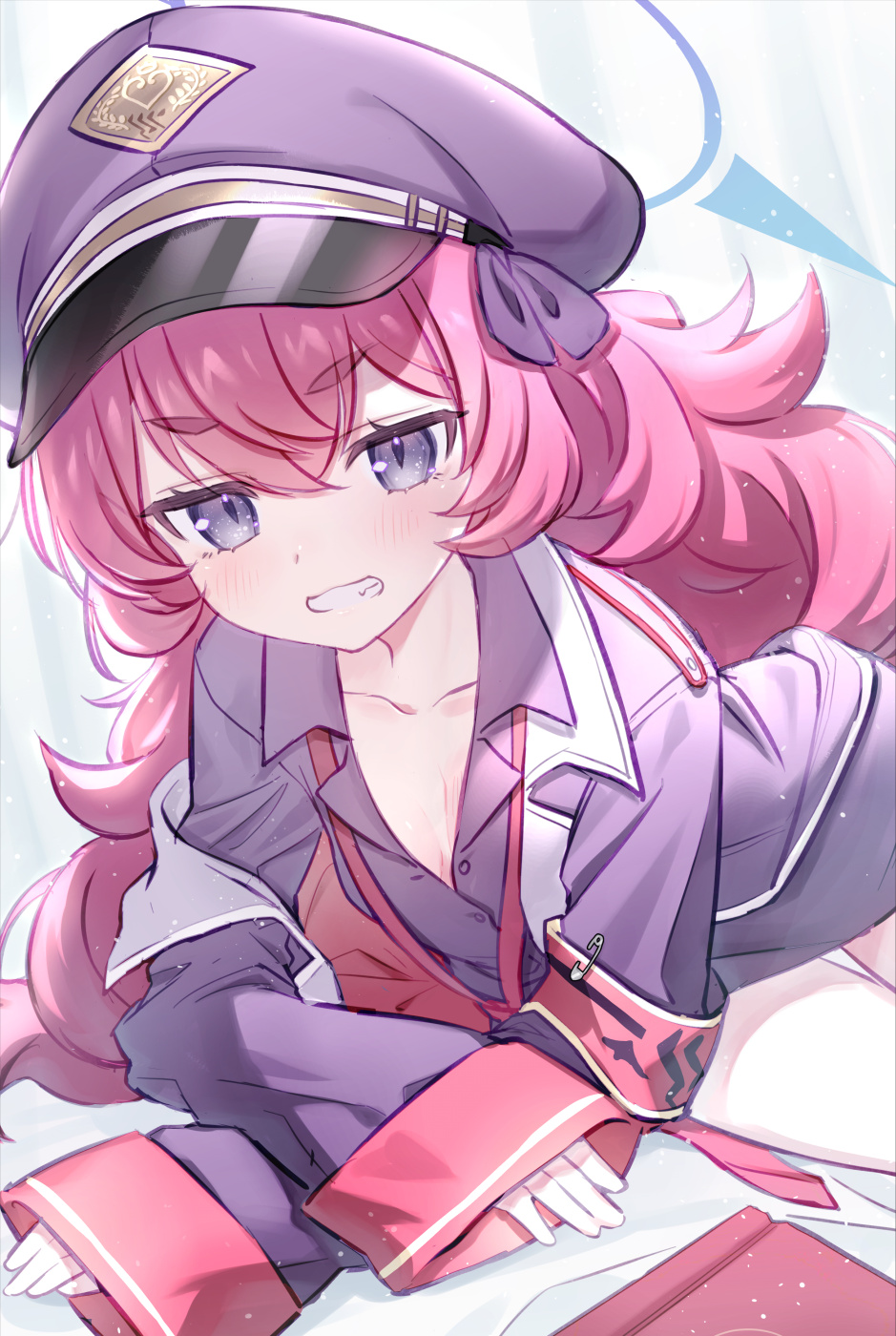 1girl, 90kyuuri, armband, black_coat, black_hat, black_shirt, blue_archive, blue_halo