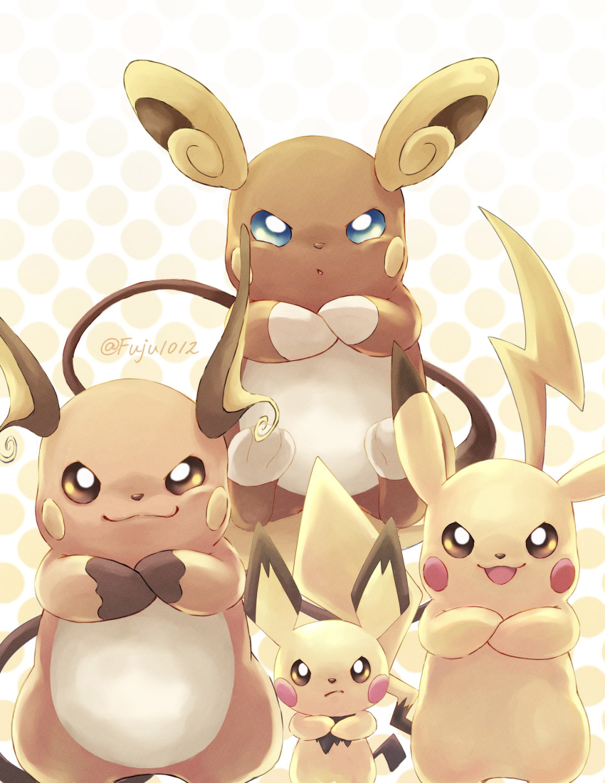 :o, absurdres, alolan_form, alolan_raichu, animal_focus, aqua_eyes, bright_pupils, brown_eyes, closed_mouth, commentary_request, crossed_arms, evolutionary_line, fuju1012, gen_1_pokemon, gen_2_pokemon, gen_7_pokemon, highres, looking_at_viewer, nintendo, no_humans, pichu, pikachu, pokemon, pokemon_(creature), raichu, smile, white_background, white_pupils