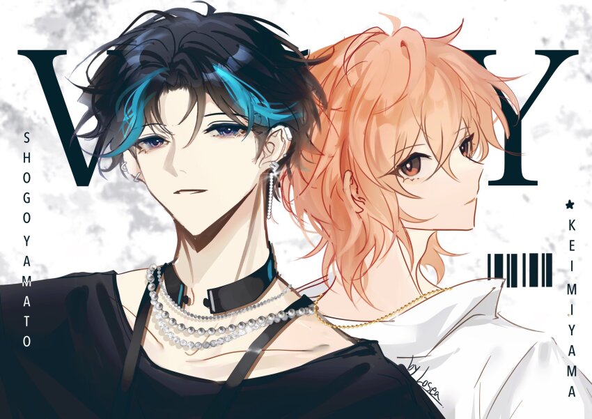 2boys, back-to-back, black_hair, blue_eyes, blue_hair, brown_eyes, character_name, grey_background