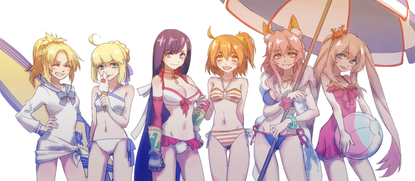 ahoge, animal_ears, artoria_pendragon_(fate), artoria_pendragon_(swimsuit_archer)_(fate), ball, beach_umbrella, beachball, bikini