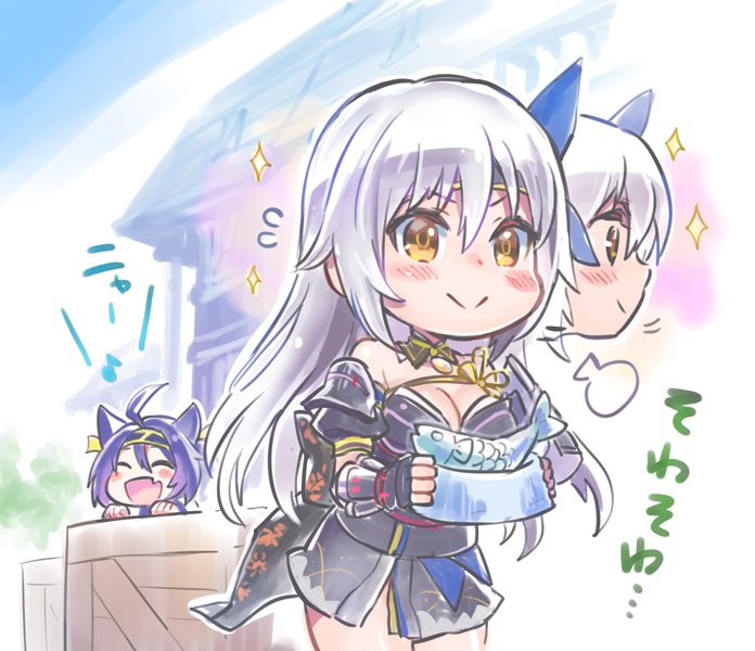 2girls, puff_of_air, ahoge, animal_ears, aoki_kanemoto_(tenka_hyakken), armor, atsu_toushirou_(tenka_hyakken), bare_shoulders