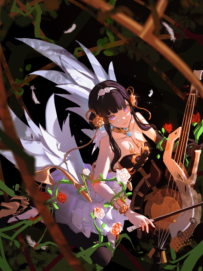 1girl, absurdres, bare_shoulders, black_dress, bleeding, blood, blood_on_arm, blood_on_flower, blunt_bangs, bow_(music), bracelet, cage, cello, chinese_commentary, collarbone, commentary, detached_collar, double_bun, dress, elbow_gloves, entangled, feathered_wings, feathers, flower, flower_bracelet, flower_hairband, from_above, full_body, gloves, gold_bracelet, gold_trim, golden_rose, hair_bun, hair_flower, hair_ornament, hairband, highres, holding, holding_bow_(music), in_cage, injury, instrument, jewelry, key, key_necklace, light_particles, looking_at_viewer, looking_up, mriyak, music, necklace, nightingale_(the_nightingale_and_the_rose), official_alternate_costume, plant, playing_instrument, punishing:_gray_raven, purple_eyes, red_flower, red_rose, rose, selena:_tempest_(nightingale_and_rose)_(pgr), selena_(pgr), short_hair_with_long_locks, single_glove, skirt, sleeveless, sleeveless_dress, smile, solo, thorns, vines, white_flower, white_rose, white_skirt, wings