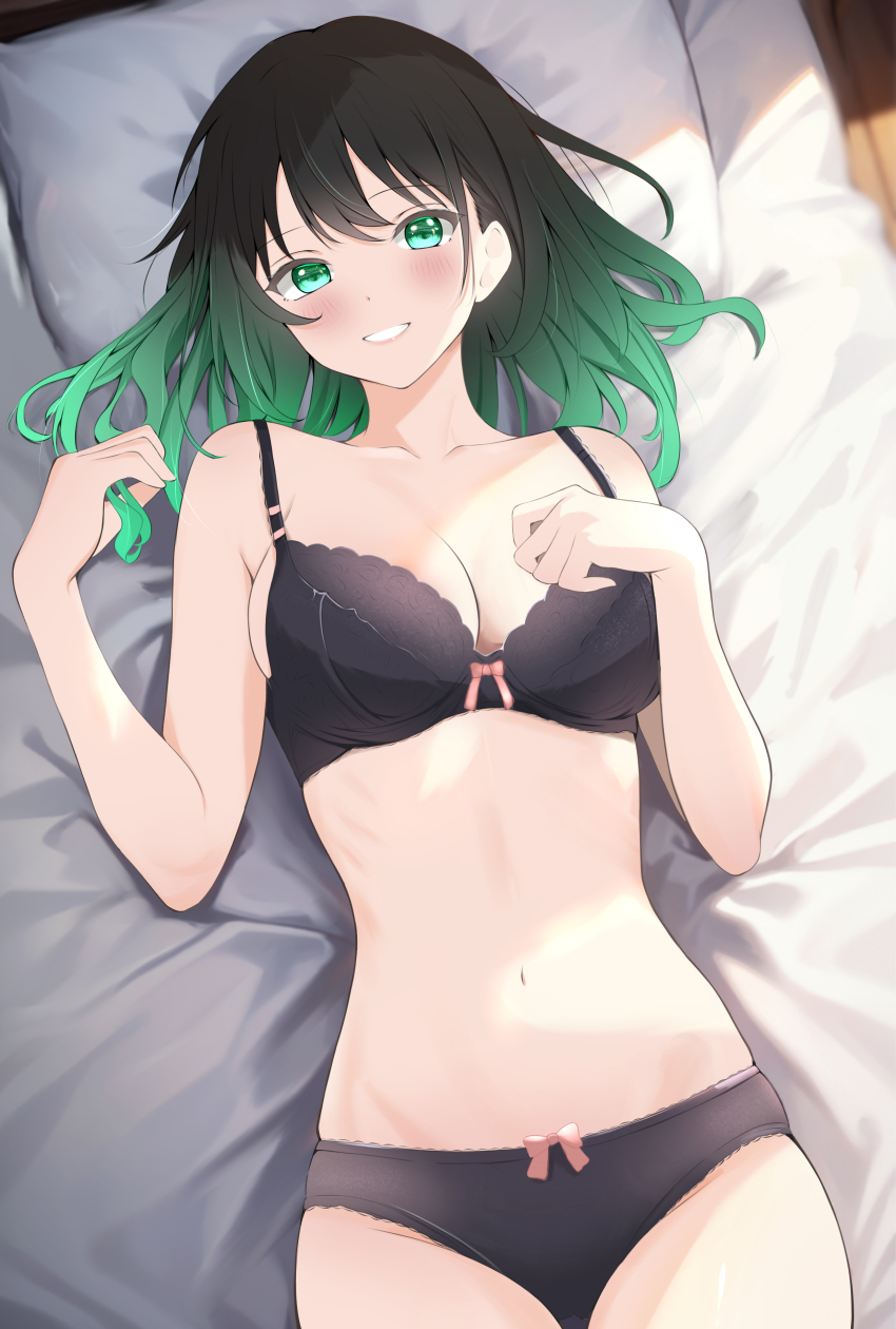1girl, absurdres, bed, black_bra, black_hair, black_panties, bra, breasts