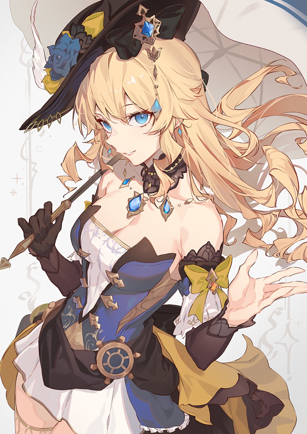 1girl, bare_shoulders, black_headwear, blonde_hair, blue_eyes, bodice, breasts, cleavage, genshin_impact, gloves, hat_ornament, highres, jewelry, kumo_sheep, long_hair, looking_at_viewer, medium_breasts, navia_(genshin_impact), single_glove, skirt, smile, solo, umbrella, vision_(genshin_impact), white_skirt
