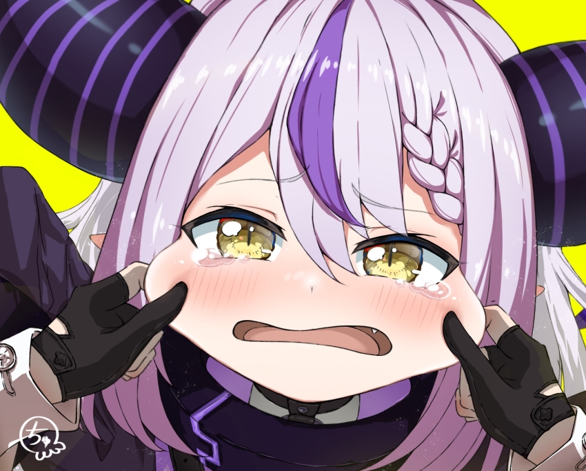 1girl, black_gloves, black_horns, braid, braided_bangs, cheek_pinching, collar, fang