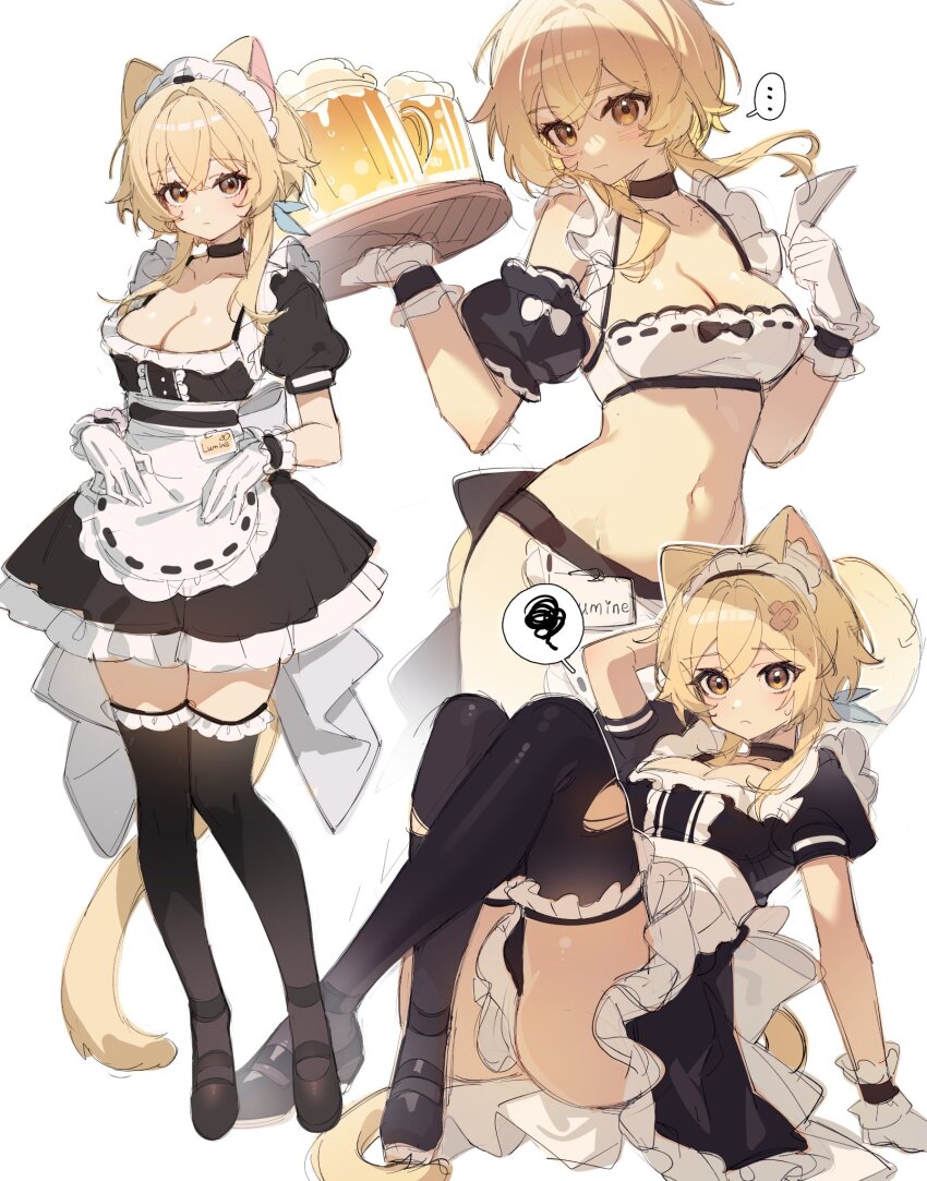 1girl, animal_ear_fluff, animal_ears, apron, bare_shoulders, blonde_hair, blush, breasts, cat_ears, cat_girl, cat_tail, cleavage, dress, flower, frilled_apron, frills, genshin_impact, hair_between_eyes, highres, kemonomimi_mode, lumine_(genshin_impact), maid, maid_apron, maid_headdress, medium_breasts, short_hair, short_hair_with_long_locks, sidelocks, solo, ssm_(ssm82048039), tail, waist_apron, white_apron, yellow_eyes