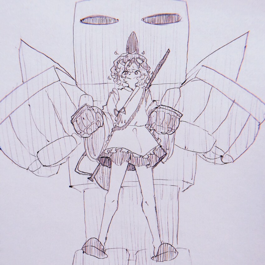 1other, androgynous, apron, clenched_hands, closed_mouth, commentary, english_commentary, frilled_apron