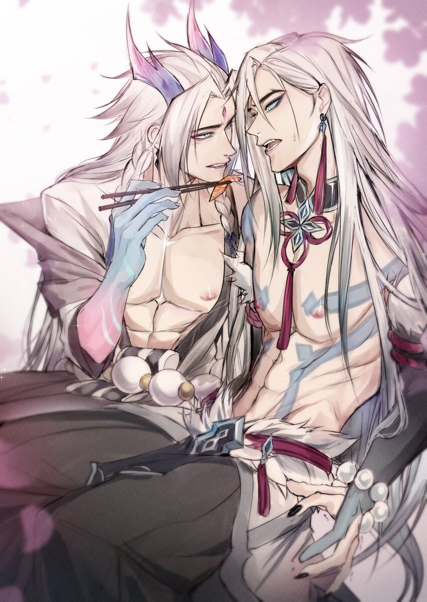 2boys, abs, black_nails, blue_eyes, bracelet, chopsticks, colored_sclera, earrings