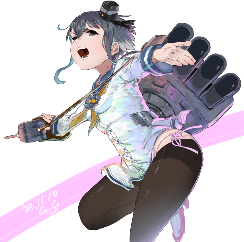 1girl, adapted_turret, black_hair, blue_sailor_collar, blush, brown_eyes, cannon, dated