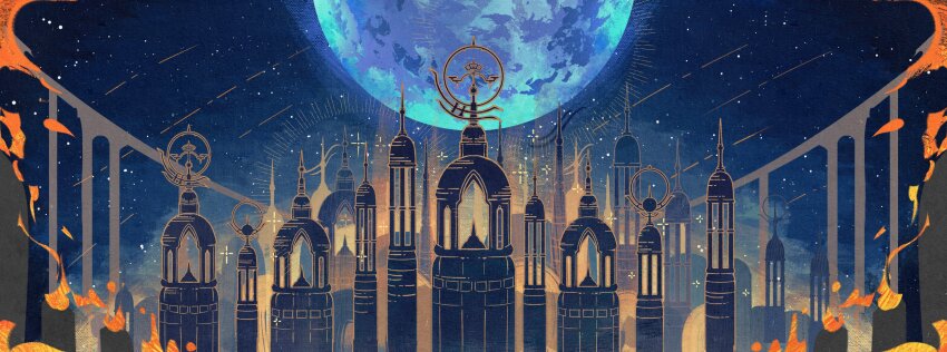 absurdres, building, burning, chinese_commentary, city, cityscape, commentary_request, final_fantasy, final_fantasy_xiv, fire, full_moon, highres, huge_moon, in-universe_location, moon, night, no_humans, outdoors, scenery, sky, sparkle, star_(sky), starry_sky, yuming_haomafan