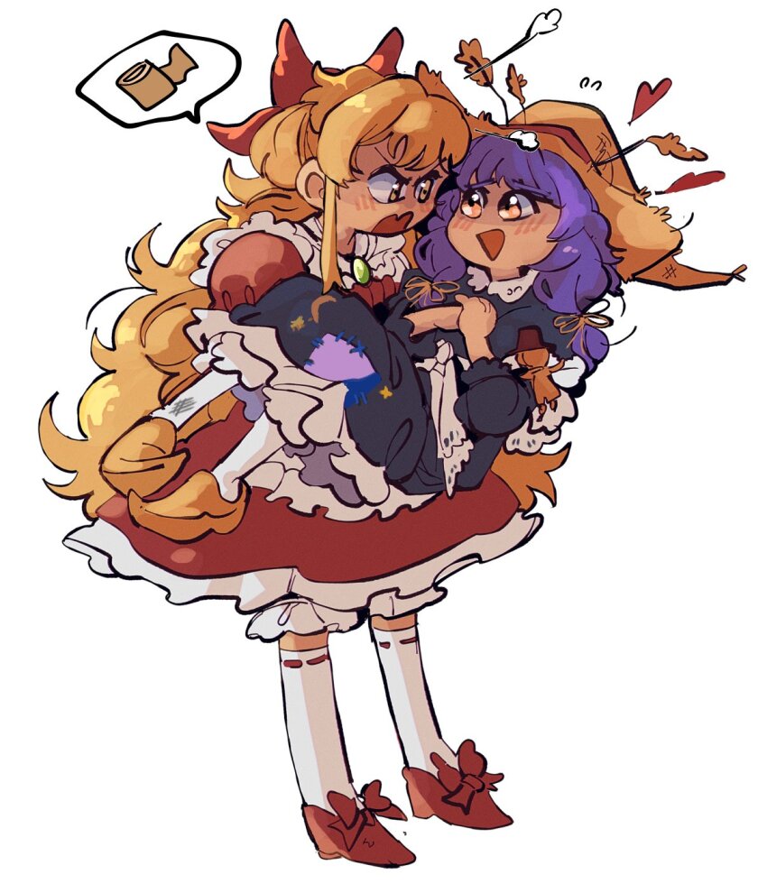 2girls, angry, apron, black_dress, blonde_hair, blush, bow, brooch