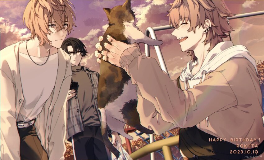 1nm8_(paradox_live), 2023, 3boys, animal, black_hair, cat, closed_eyes, dated