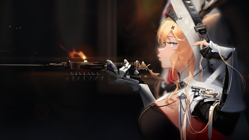 1girl, absurdres, animal_ears, antlers, horns_through_headwear, arknights, black_dress, blue_eyes