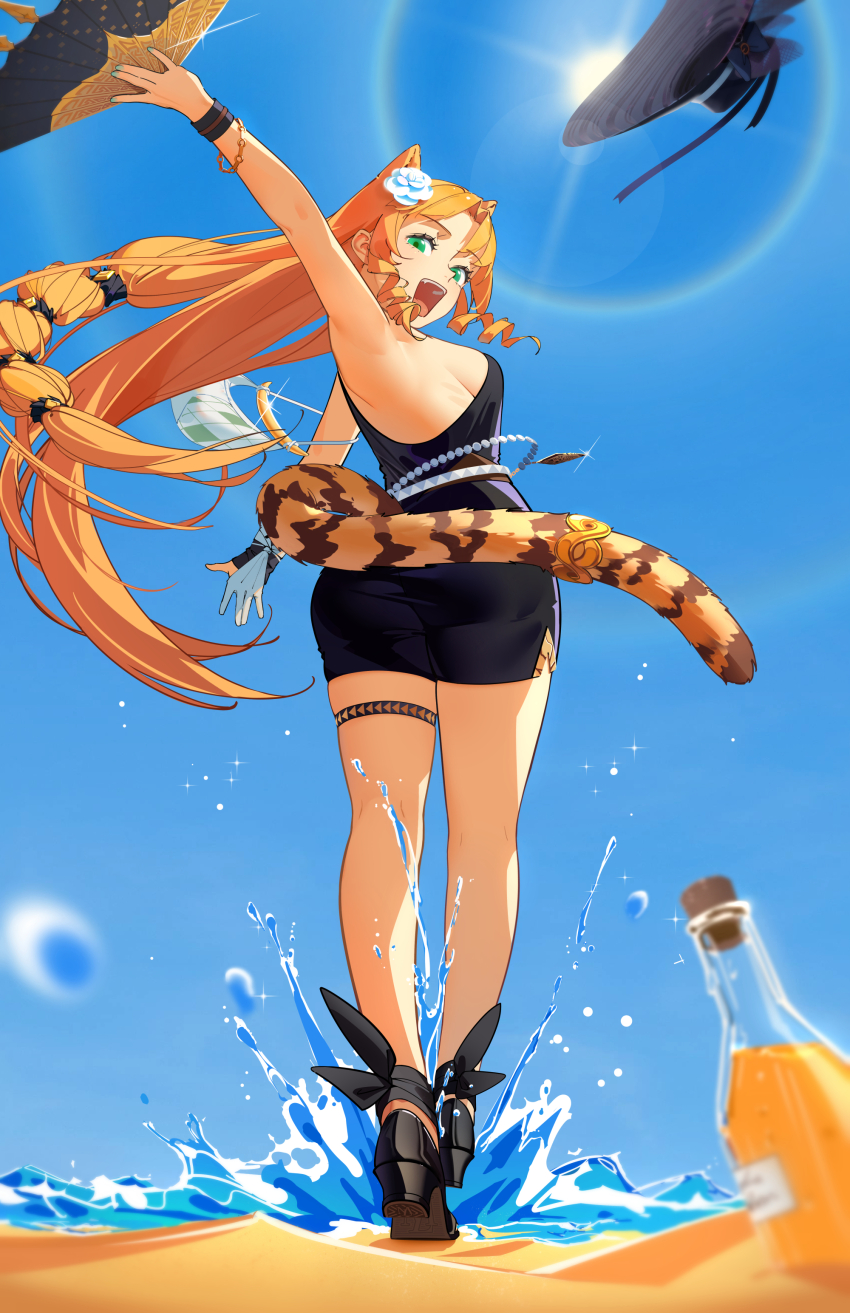 1girl, absurdres, animal_ears, arknights, arm_up, ass, black_bow, black_dress