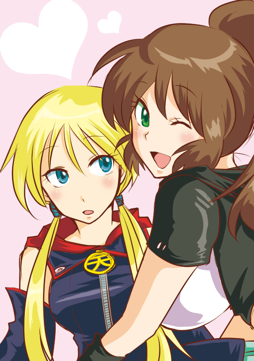 2girls, ;d, bad_id, bad_pixiv_id, bare_shoulders, blonde_hair, blouse, blue_eyes, blush, breasts, brown_hair, detached_sleeves, ginger_yaki, green_eyes, head_tilt, kabayaki_3, large_breasts, long_hair, looking_at_viewer, medium_breasts, multiple_girls, one_eye_closed, open_mouth, ponytail, psyren, shirt, short_sleeves, shougayaki_(kabayaki_3), smile, tenjuin_frederica, tenjuin_marie, twintails, vest, wink, zipper