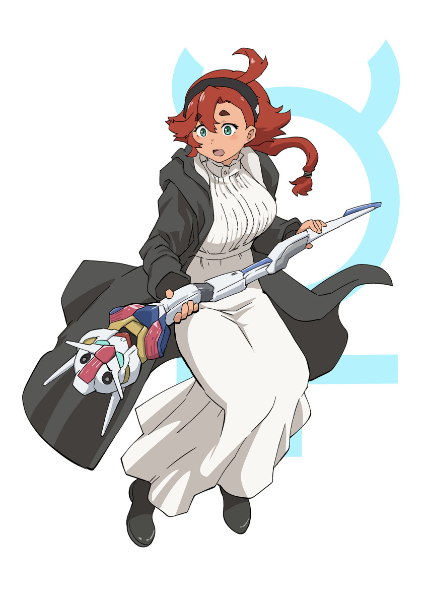 1girl, aqua_eyes, breasts, commentary, cosplay, dark-skinned_female, dark_skin, female_focus, fern_(sousou_no_frieren), fern_(sousou_no_frieren)_(cosplay), green_eyes, gundam, gundam_aerial, gundam_suisei_no_majo, highres, holding, holding_staff, ichinose_kana, jacket, large_breasts, long_hair, low-tied_long_hair, low_ponytail, mage_staff, mercury_symbol, ponytail, red_hair, solo, sousou_no_frieren, staff, suletta_mercury, thick_eyebrows, ueyama_michirou, v-fin, voice_actor_connection, white_background