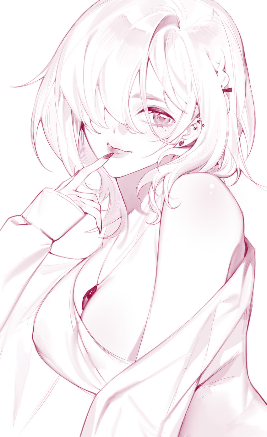 1girl, bare_shoulders, blush, braid, breasts, chinese_commentary, cleavage, commentary, ear_piercing, earrings, fake_nails, finger_to_mouth, from_side, hair_over_one_eye, head_tilt, highres, jewelry, kakukaku666, large_breasts, long_sleeves, looking_at_viewer, looking_to_the_side, medium_hair, mole, mole_above_eye, mole_under_eye, monochrome, nail_polish, necklace, necklace_between_breasts, off-shoulder_shirt, off_shoulder, one_eye_covered, original, piercing, shirt, side_braid, single_hair_intake, sleeves_past_wrists, solo, stud_earrings, upper_body