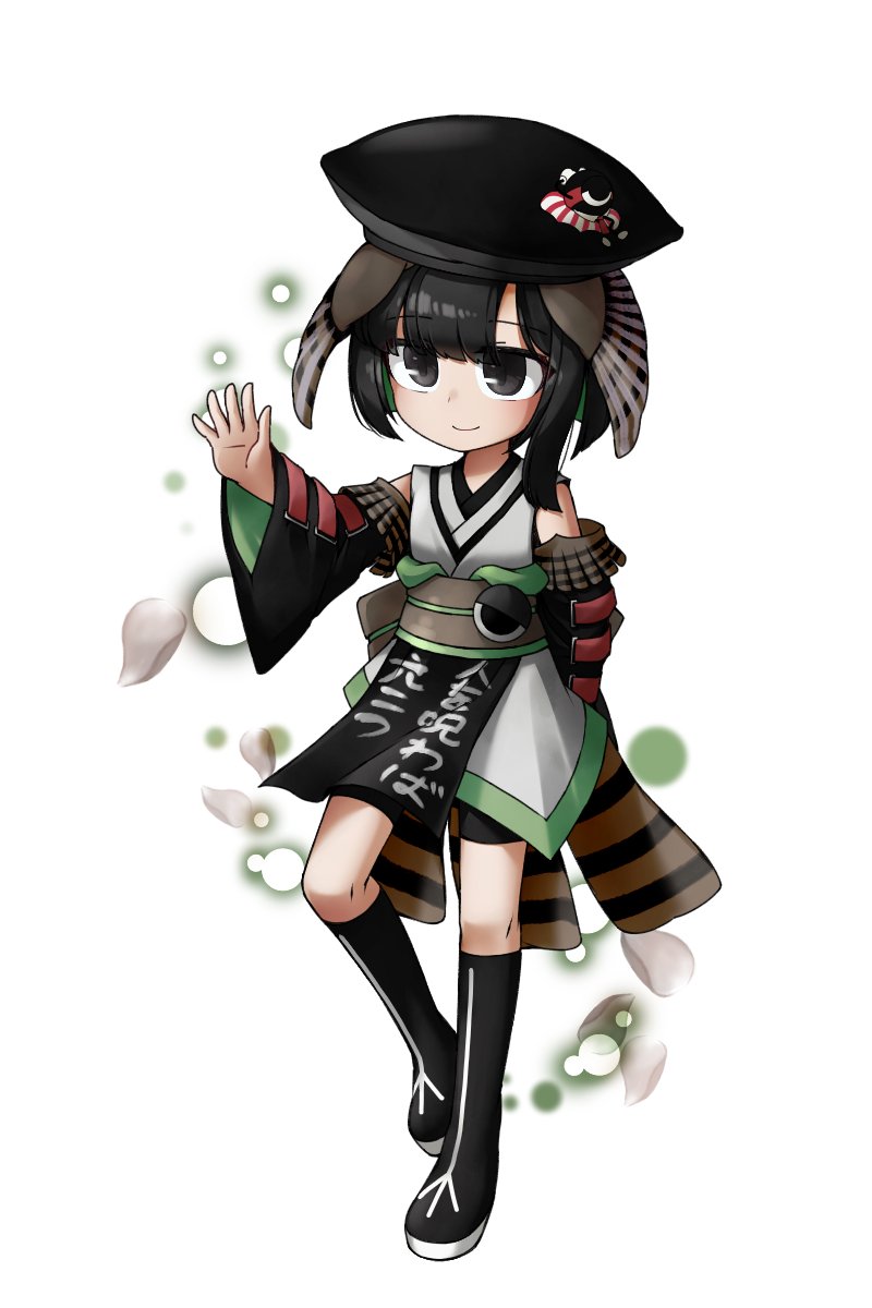 1boy, black_boots, black_eyes, black_hair, black_hat, black_sleeves, boots, closed_mouth