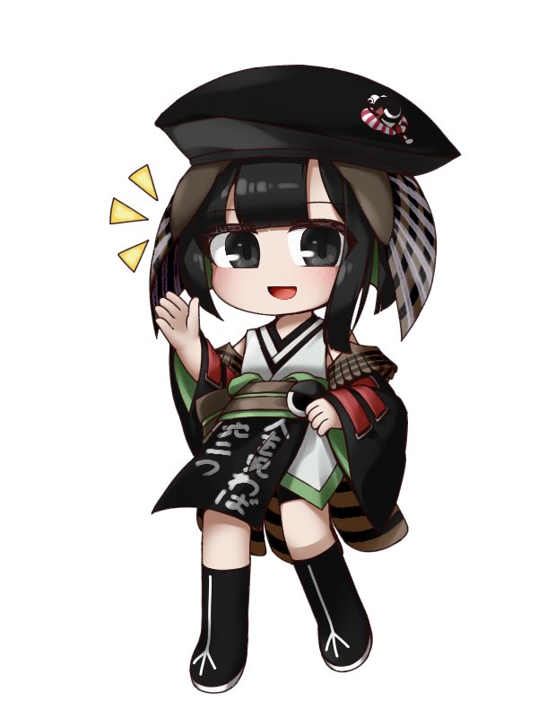 1boy, black_boots, black_eyes, black_hair, black_hat, black_sleeves, boots, chibi