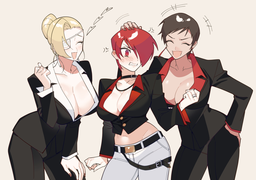 3girls, black_choker, blush, breasts, choker, cleavage, collared_shirt, crop_top, earrings, eyepatch, genderswap, genderswap_(mtf), hair_over_one_eye, highres, jacket, jewelry, large_breasts, mature_(kof), miss_x, multiple_girls, navel, otoseto, pants, red_hair, red_shirt, shirt, short_hair, simple_background, snk, the_king_of_fighters, the_king_of_fighters_xiii, vice_(kof), white_shirt, yagami_iori