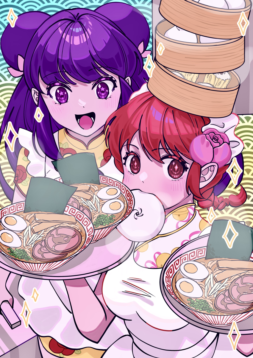 2girls, absurdres, apron, bamboo_steamer, blush, braid, chinese_clothes, colored_eyelashes
