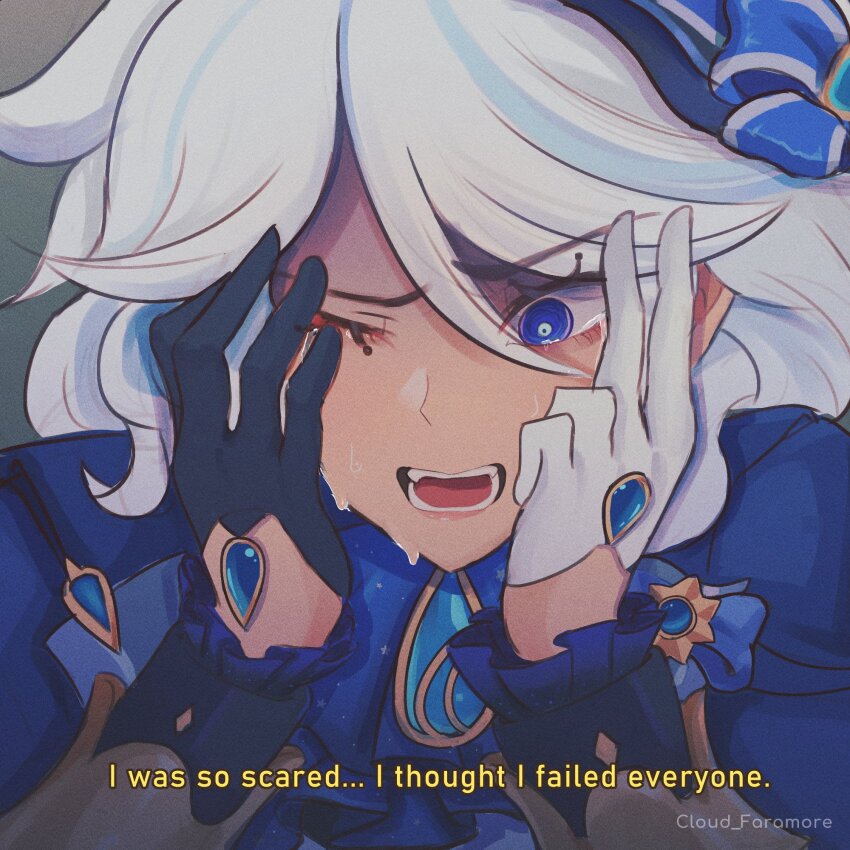 1girl, ascot, asymmetrical_gloves, black_ascot, black_gloves, blue_eyes, blue_gem, blue_hair