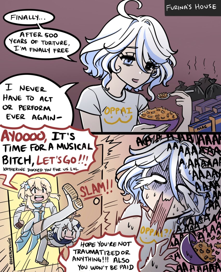 3girls, ahoge, bags_under_eyes, blonde_hair, blue_eyes, blue_hair, bowl, commentary, cowlick, dress, english_commentary, english_text, feather_hair_ornament, feathers, flower, furina_(genshin_impact), genshin_impact, gloves, hair_between_eyes, hair_flower, hair_ornament, halo, heterochromia, highres, holding, holding_bowl, holding_spoon, krystalmelodie, light_blue_hair, lumine_(genshin_impact), macaroni_and_cheese_(food), multicolored_hair, multiple_girls, open_mouth, oppai_hoodie, paimon_(genshin_impact), partially_fingerless_gloves, scared, scarf, short_hair_with_long_locks, simple_background, smile, speech_bubble, spoon, streaked_hair, sweat, trash_bag, white_dress, white_flower, white_hair, white_scarf, yellow_eyes