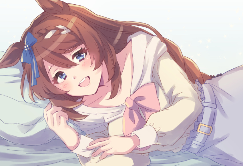 1girl, 24mbb, alternate_costume, animal_ears, bed, blue_bow, blue_eyes, blush