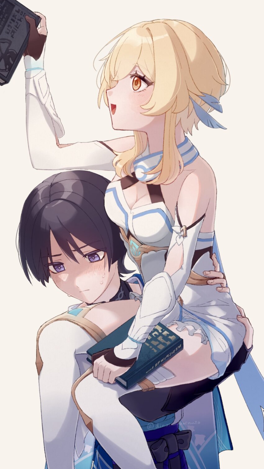 1boy, 1girl, averting_eyes, blonde_hair, blue_eyes, blue_hair, blush, book