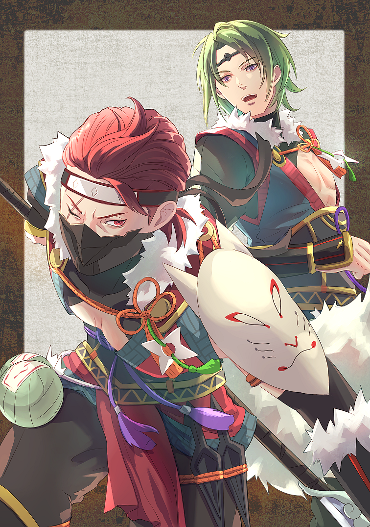 2boys, brothers, fire_emblem, fire_emblem_fates, fire_emblem_heroes, fox_mask, green_hair, kaze_(fire_emblem)