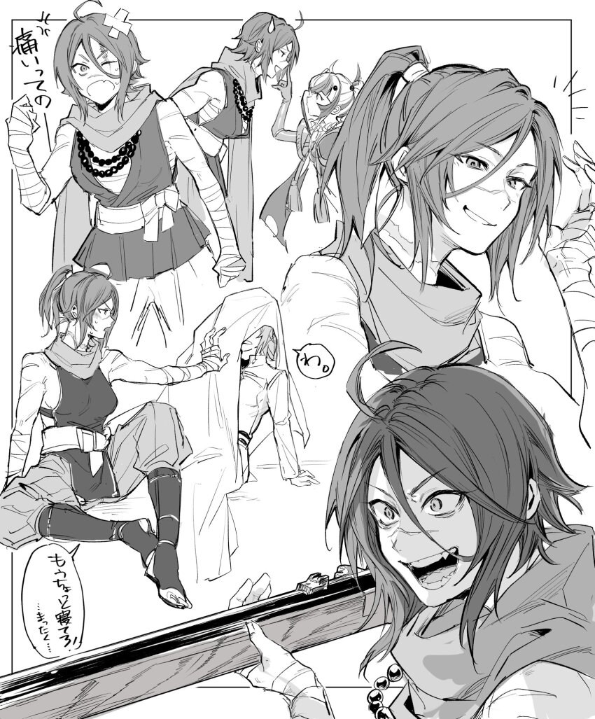 ahoge, bandaged_arm, bandages, bead_necklace, beads, blood, blood_on_face, chest_sarashi