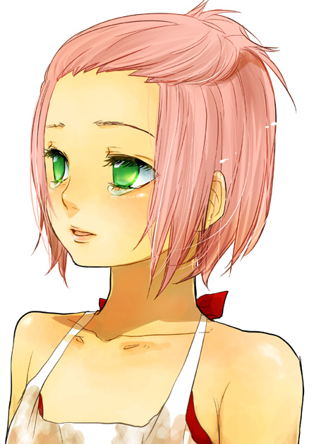 1girl, alternate_hairstyle, apron, bare_shoulders, blush, collarbone, eyelashes, female_focus, forehead, green_eyes, halterneck, haruno_sakura, lips, looking_to_the_side, naruto_(classic), naruto_(series), no_pupils, parted_lips, pink_hair, short_hair, simple_background, solo, suwaru, tears, upper_body, white_background