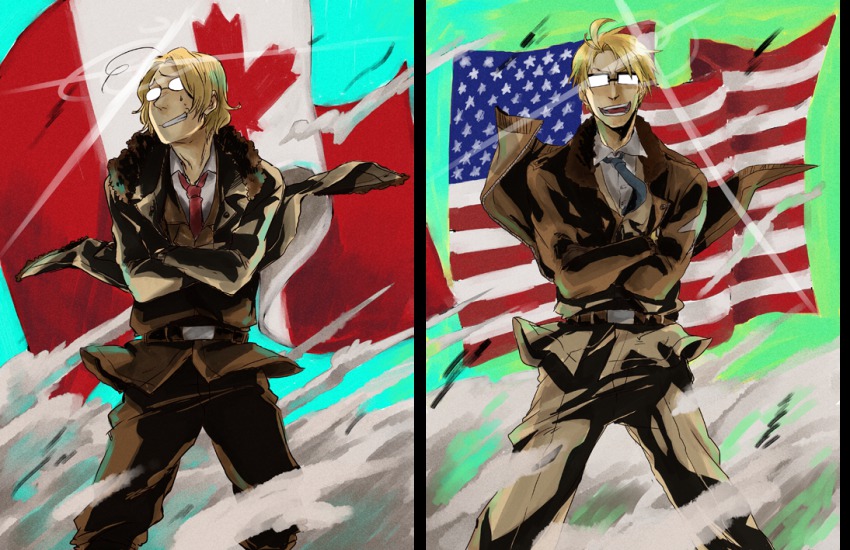 2boys, ahoge, america_(hetalia), american_flag, axis_powers_hetalia, bad_id, bad_pixiv_id, blonde_hair, bomber_jacket, brothers, canada, canada_(hetalia), canadian_flag, crossed_arms, derivative_work, flag, glasses, grin, gunbuster_pose, jacket, konishi_katsuyuki, lens_flare, male_focus, multiple_boys, parody, revision, siblings, smile, tehryu, tengen_toppa_gurren_lagann, top_wo_nerae!, top_wo_nerae!_(series), united_states, voice_actor_connection