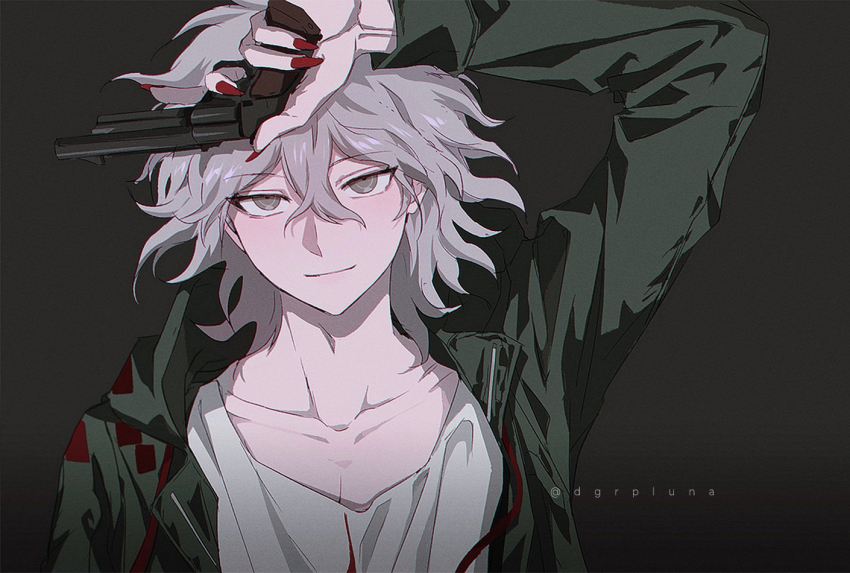 1boy, arm_up, artist_name, boleum_(dgrpluna), brown_background, brown_eyes, closed_mouth, collarbone