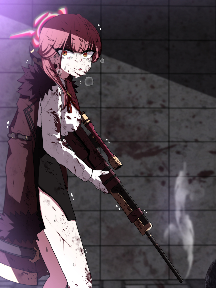 1girl, absurdres, aru_(blue_archive), black_skirt, blood, blood_on_clothes, blood_on_face, blood_on_wall, blood_splatter, blue_archive, breasts, breath, bruise, coat, coat_on_shoulders, demon_horns, feet_out_of_frame, fur-trimmed_coat, fur_trim, gloves, gun, halo, highres, holding, holding_gun, holding_weapon, horns, implied_murder, injury, looking_at_viewer, looking_to_the_side, manyup_(hero8876), medium_breasts, neck_ribbon, pink_hair, ribbon, rifle, shirt, skirt, smoke, smoke_trail, sniper_rifle, sweat, tears, weapon, white_gloves, white_shirt, wide-eyed